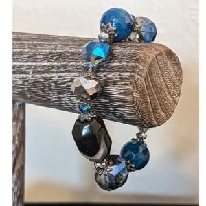 Blue Agate Faceted, Smoky Crystal and Oblong Stone Beaded Stretch Bracelet